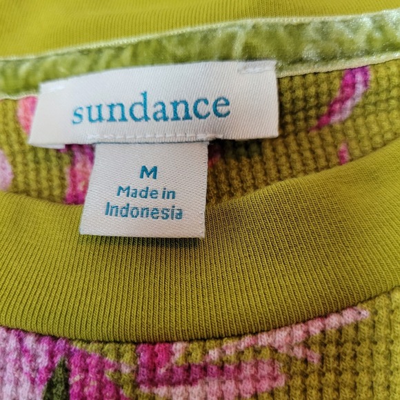 Sundance Floral Waffle Knit Top Green Multi Size Medium Boho 3/4 Sleeve - Picture 4 of 5